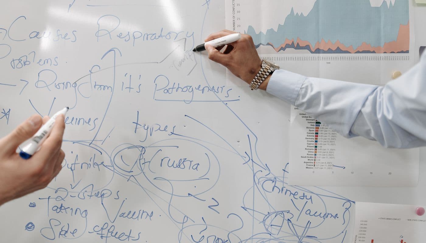 Whiteboard med streger over halvfærdige idéer